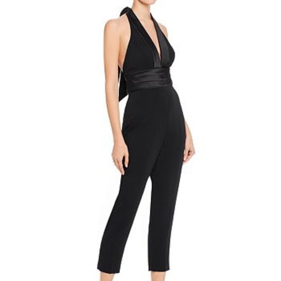 JAYGODFREY Pants - JAYGODFREY black velvet satin Zane Deep V-Neck Halter tuxedo Jumpsuit small